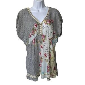 Johnny Was Silk floral Embroidered Gathered Waist Tunic blouse M